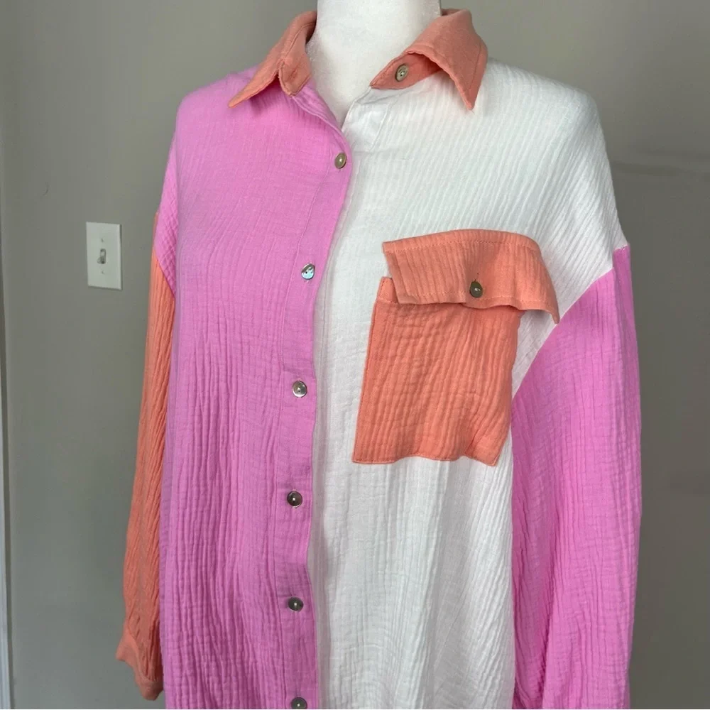 ENTRO COLOR BLOCK BUTTON UP COLLARED COTTON GAUZY TOP SIZE SMALL - Picture 9 of 15